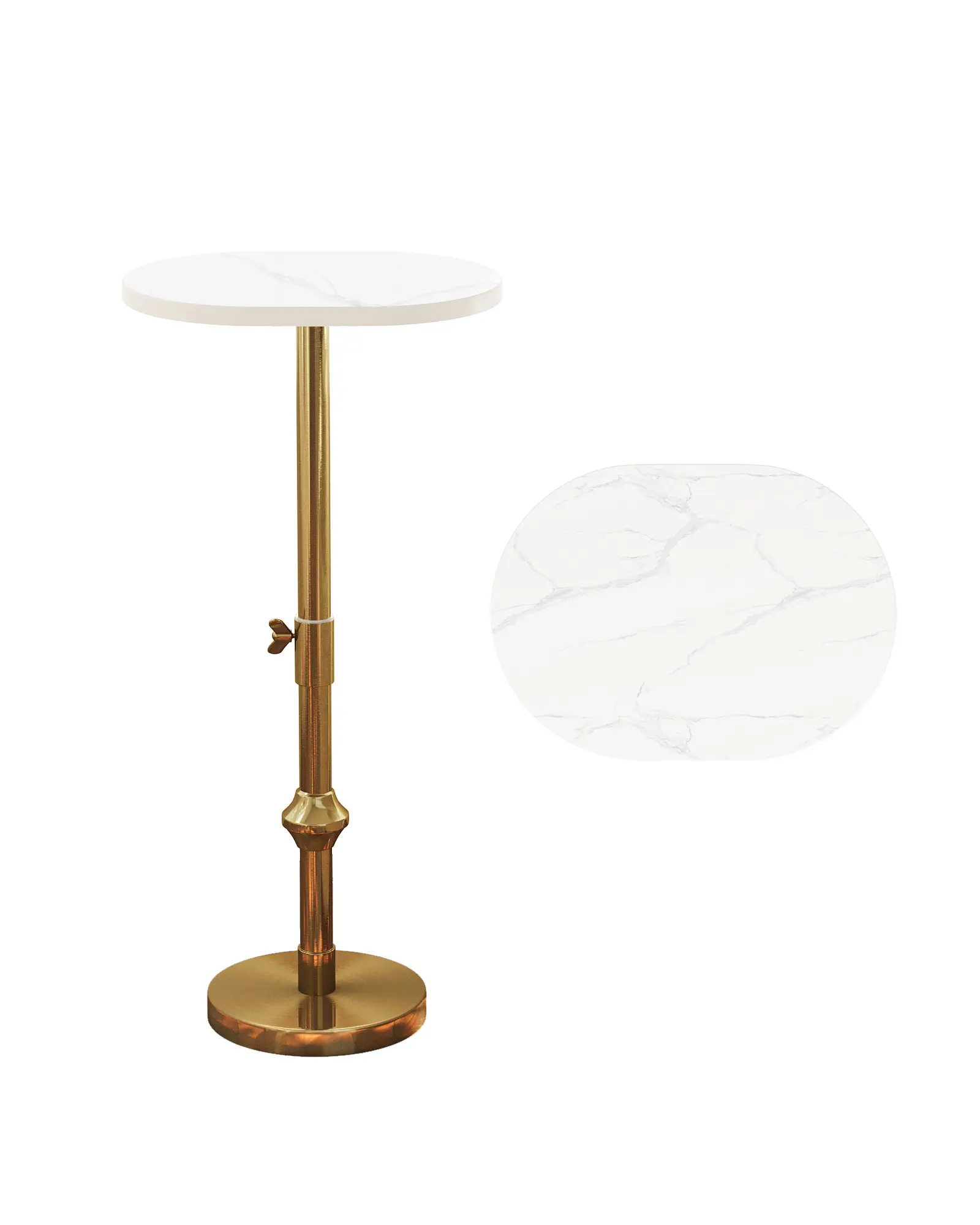 Adjustable-Height Marble Drink Table - 11.8" Top, 21.7"-29.6" Tall, Black Marble & Antique Bronze, Modern Round End Table, Double-Tier Side Table with Pedestal Stand for Small Spaces, Vintage Metal Martini Cocktail Accent, White & Black, Summer Deal
