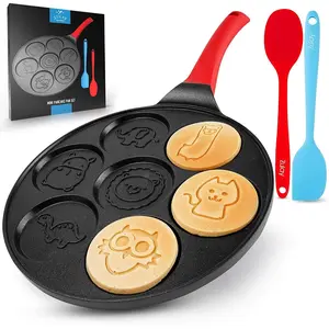 Zulay Kitchen Pancake Pan with 7 Animal Face Designs & 2 Spatulas - Round Nonstick Ceramic Griddle with Comfortable Handle for Mini Pancakes