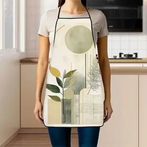Durable Cooking Apron with Geometric Plant Print, Lines, Gradient Leaves, Round Decoration, Perfect Gift for Bakers, Kitchen Cooking Aprons