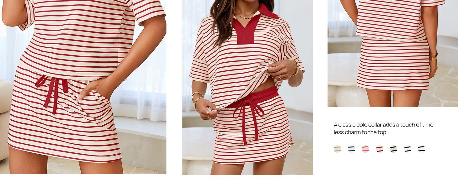 MEROKEETY Women's Striped 2 Piece Outfits Casual Skirt Set Workout Short Sleeve Polo Shirt Skort Matching Lounge Sets
