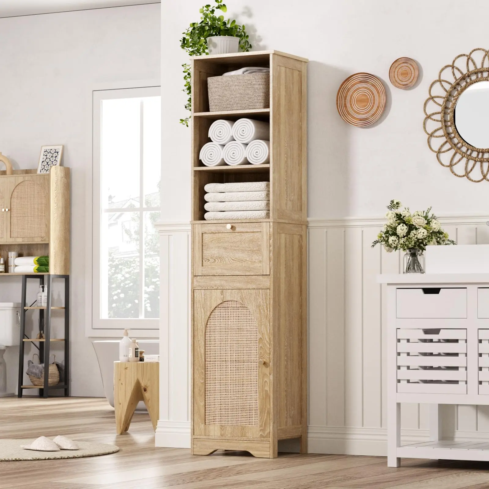[Summergarden] Vabches 67''H Bathroom Cabinet Organizer - Tall Narrow Standing Tower with Rattan Doors, Slide Storage, Adjustable Shelves, Natural Wood Drawers, Wooden Storage Cabinet for Bathroom, Entryway