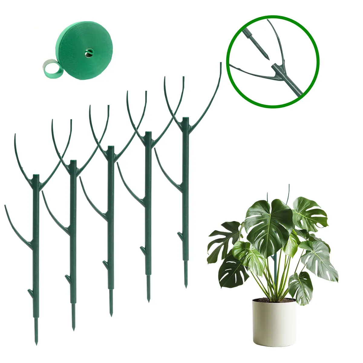 2025 Upgraded 5-Pack Stackable Plant Support Stakes, High-Quality Plastic Garden Trellis with Adjustable Height, Easy Setup for Climbing Potted Plants (Ideal for Monstera, Pothos Indoor Outdoor Growth), Monstera Plant, 2-Meter Tape