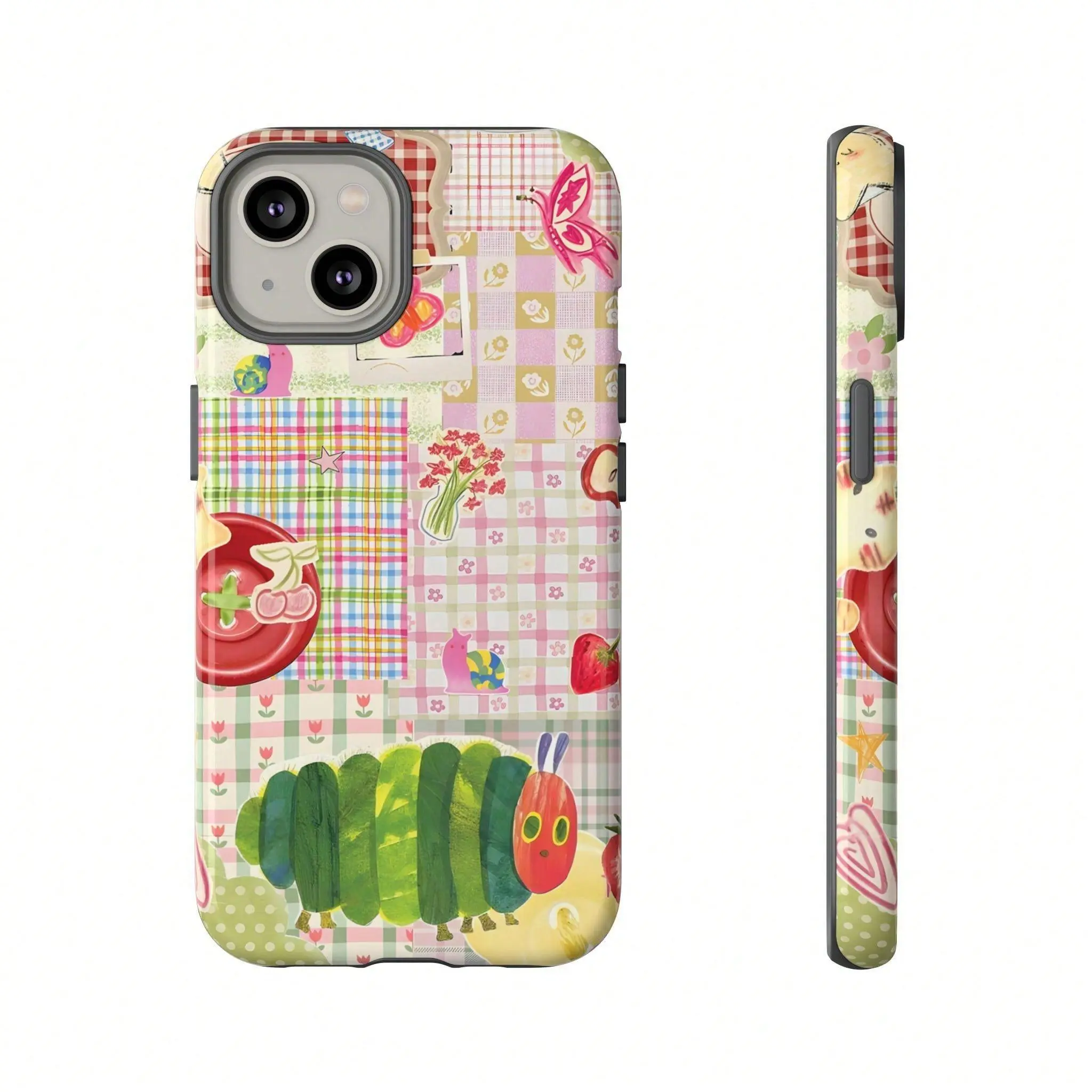 Quirky patchwork phone case, designed with 'The Very Hungry Caterpillar,' fruit, and floral stickers, compatible with iPhone 17/16/15/14/13/12/11/X/XS/XSMAX/XR/7P/8P series. This is the perfect holiday gift for friends, family, or yourself., Flower, Cover