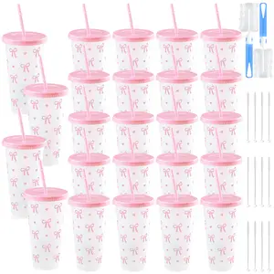 Set of 24 PP water cups with bow knot prints, includes lids and straws; reusable, stylish, and practical. Perfect for office hydration, birthday parties, and banquets—an essential gift set for Thanksgiving and graduation season.