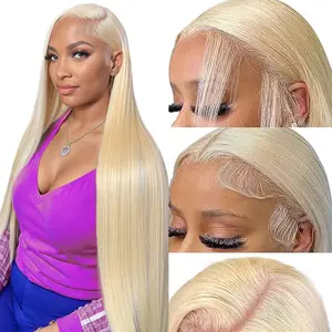 250% Density 613 Double Drawn 13X6 HD Lace Frontal Wigs Human Hair Blonde Pre Plucked Straight Lace Front Human Hair Wigs For Women Can Be Dyed