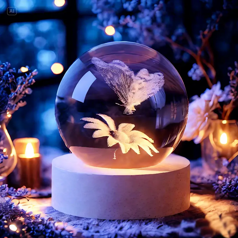 JOOMAPO 3D Butterfly K9 Glass Crystal Ball (60mm) with Multicolor Lighting USB-Powered Base, Novelty Lighting Decoration for Home Office, Ideal Gift for Partners, Led Lights
