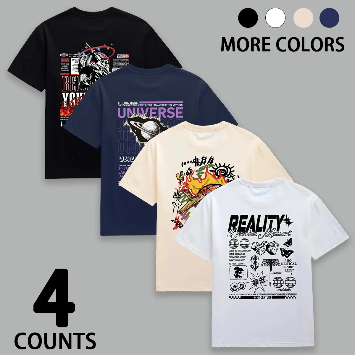 4-Pack Men's Graphic Tees Featuring Vintage Cosmic Back Prints, Relaxed Fit Breathable Knit Fabric, Short Sleeve Crew Neck for Streetwear, Graphic Tee, Bold Graphic Details Men's Short-Sleeve T-Shirts