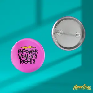 Empower Women's Rights - He/Him Pronoun Pin Back Button 1.5" Pink with Yellow Lightning Bolt Design for Jacket Backpack Tote