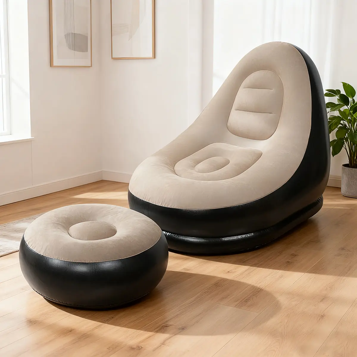 1pc Contoured Adult Inflatable Lounge Chair with Footstool - Foldable Portable Comfy Couch, Space Saving Renter Friendly Home Furniture for Outdoor Camping Travel