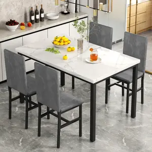 Recaceik Modern 5-Piece Dining Table Set with Faux Marble Top & 4 Comfortable Velvet Chairs for Small Kitchen Space Easy Assembly Gray Home Decor Furniture Interior Design