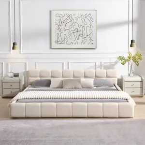 Elegant Beige Chenille Upholstered Bed with Checkerboard Design, King, Beige bed frame