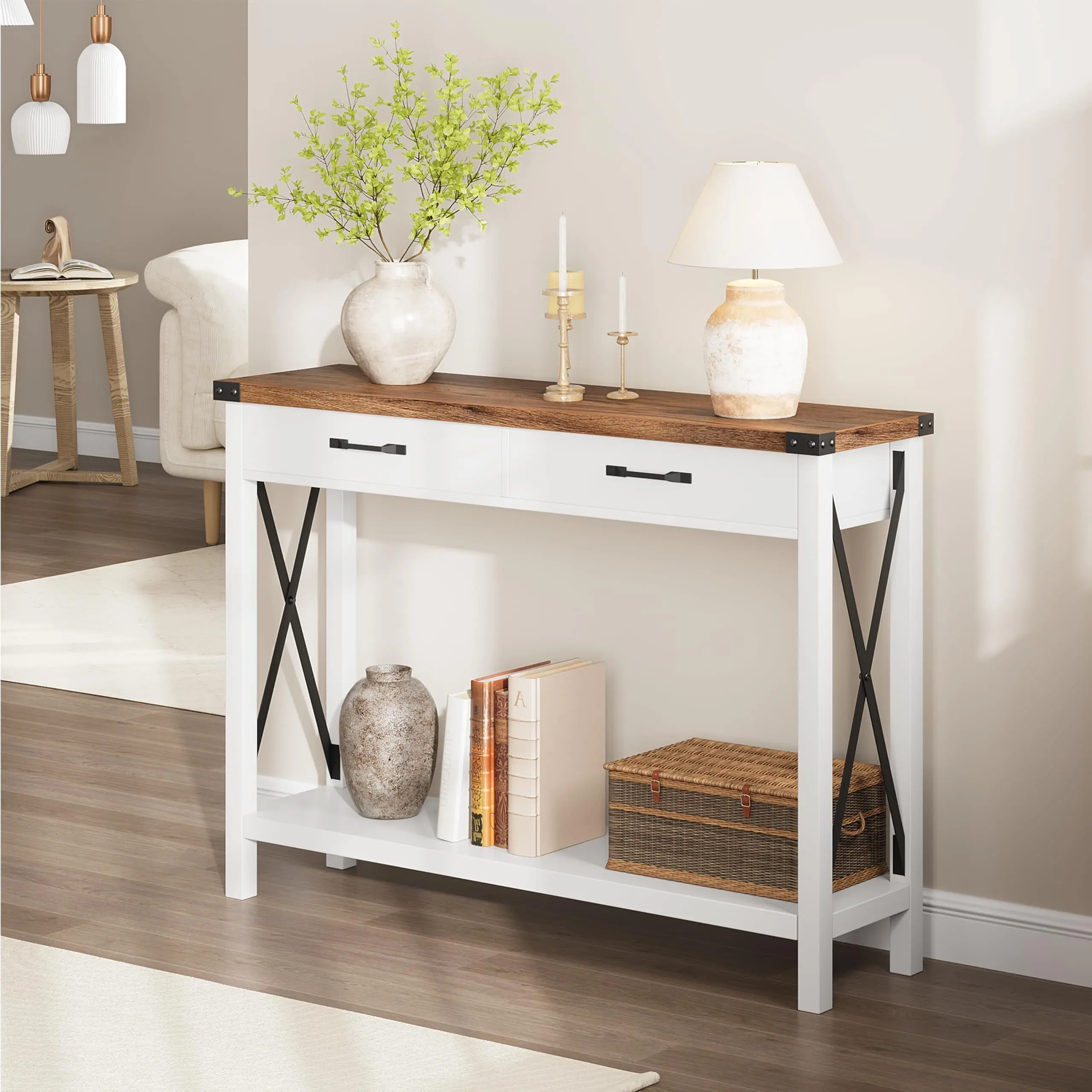 Entryway Table with 2 Drawers, 43'' Farmhouse Wood Console Sofa Table, Hallway Display Table with Storage Shelf, Industrial Foyer Table