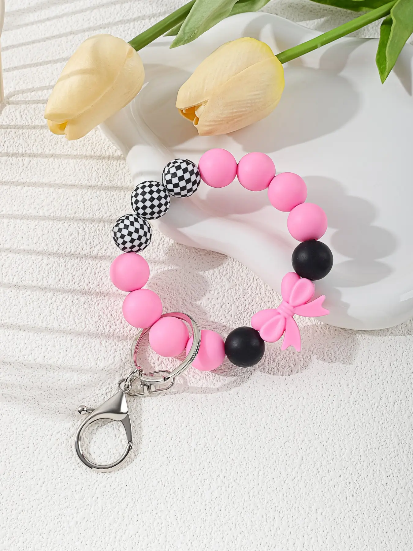 Checkered Pattern Silicone Bead Bracelet Keychain with Bow, Fashionable Women's Key Ring and Bag Charm, Trendy 2026 Gift for Her, Stylish Keychain, Stylish Keyring