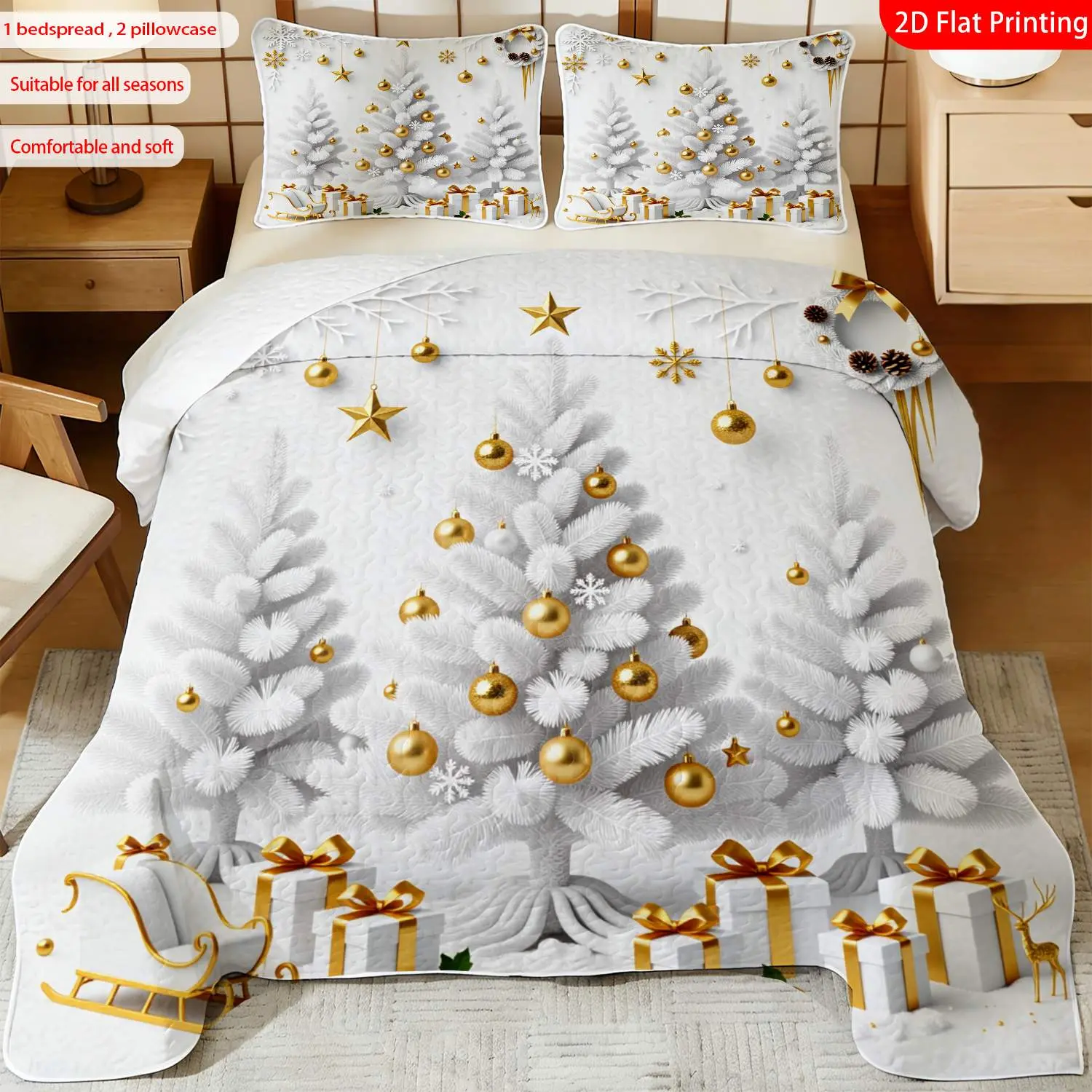 3pcs, 2D flat print White & Gold Xmas Tree Pattern Bedspread Set, Christmas Theme, multiple sizes available, bedding set, festive decorative bedding, ideal for bedroom décor(1 bedspread , 2 pillowcase)