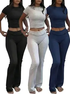 Women's Solid Loungewear Set, Casual Short Sleeve Crop Top & High Waist Flare Leg Pants, Ladies Sleepwear for All Seasons, Soft Lounge Sets