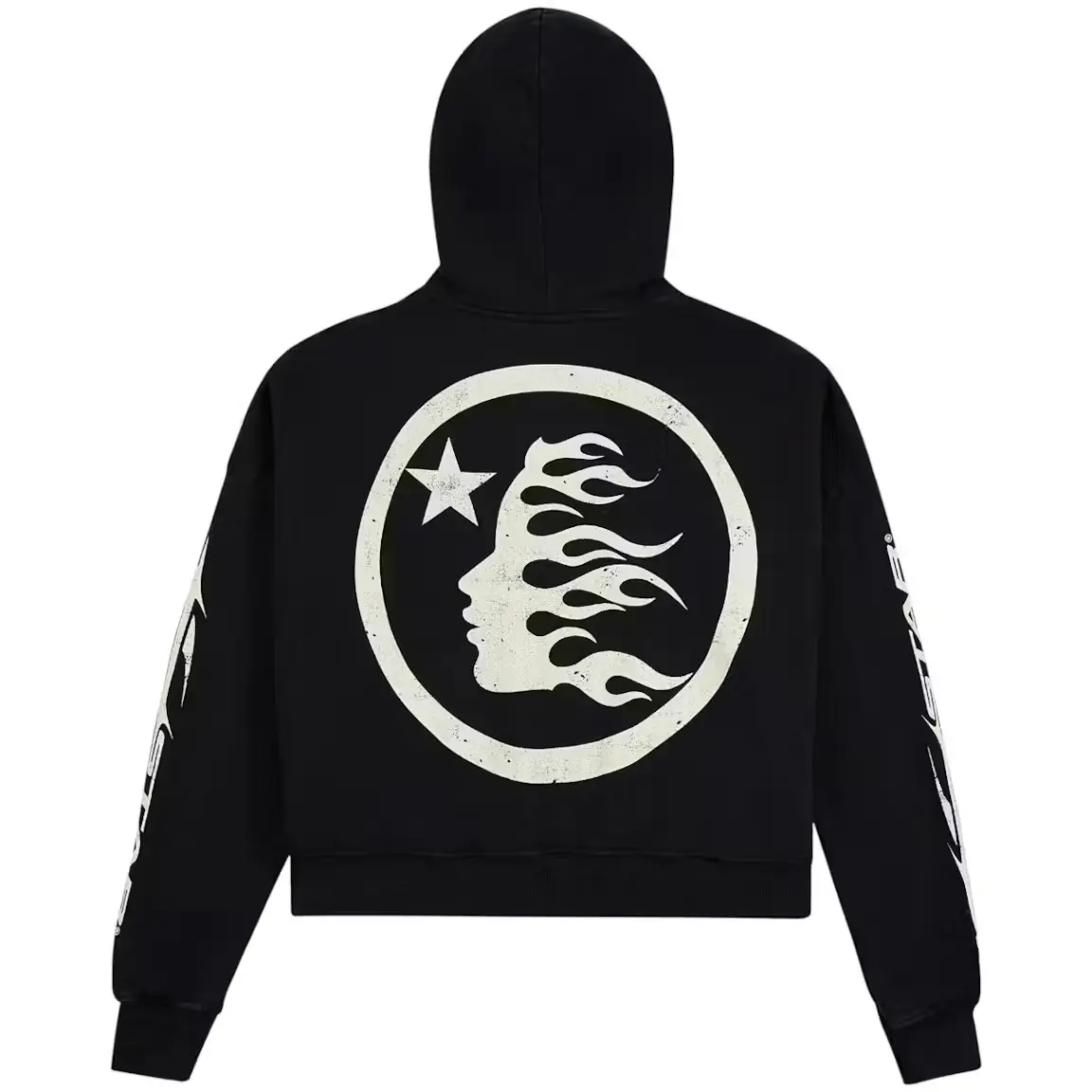 Hellstar Flame Graphic Hoodie | Y2K Hip Hop Streetwear Pullover Sweatshirt, Black Vintage Graphic Hoodie with Sleeve Details for Youth & Adults, Fall Winter Urban Fashion