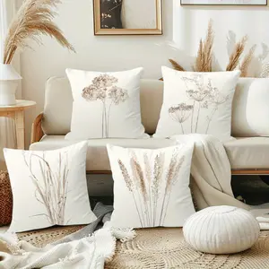 4pcs Boho Botanical Print Throw Pillow Covers, 45.72x45.72 cm, Soft Short Plush with Earthy Tones & Dried Flowers, Zipper Closure Polyester Farmhouse Decor for Living Room Sofa - No Inserts Included, Decorative Pillows