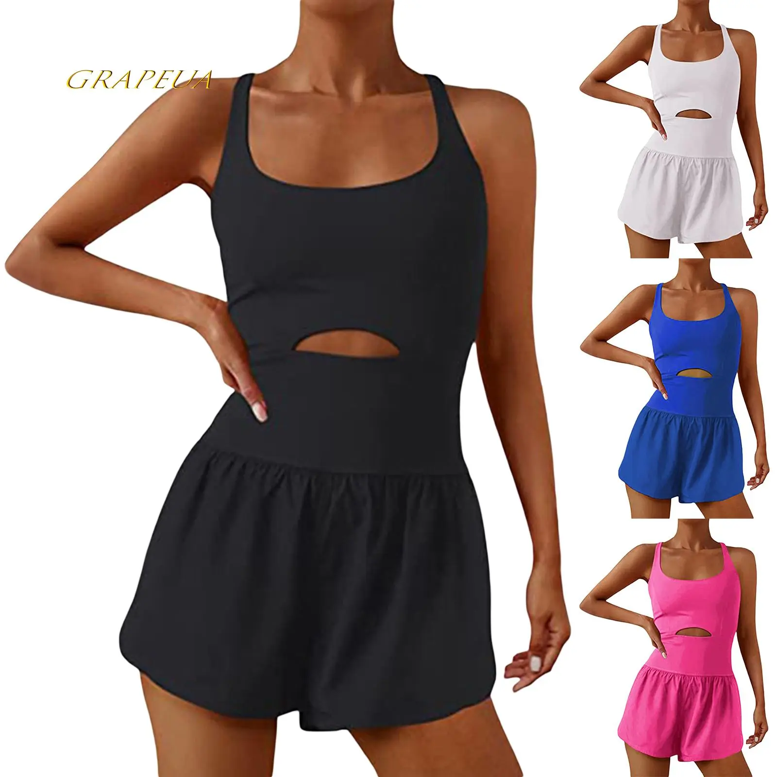 Women's Plain Solid Cami Athletic Workout Romper - Sleeveless Cross Back Shorts Jumpsuit for Summer Exercise, Jumpsuits for Women, Workout Rompers, Plain Jumpsuits