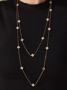 Elegant Fashion Simple 5a Necklace Four-Leaf Clover Sweater Chain Stainless Steel Gold Plated Long Charms Exquisite Trendy Flower Pendant Multilayer Necklace, Statement Necklace