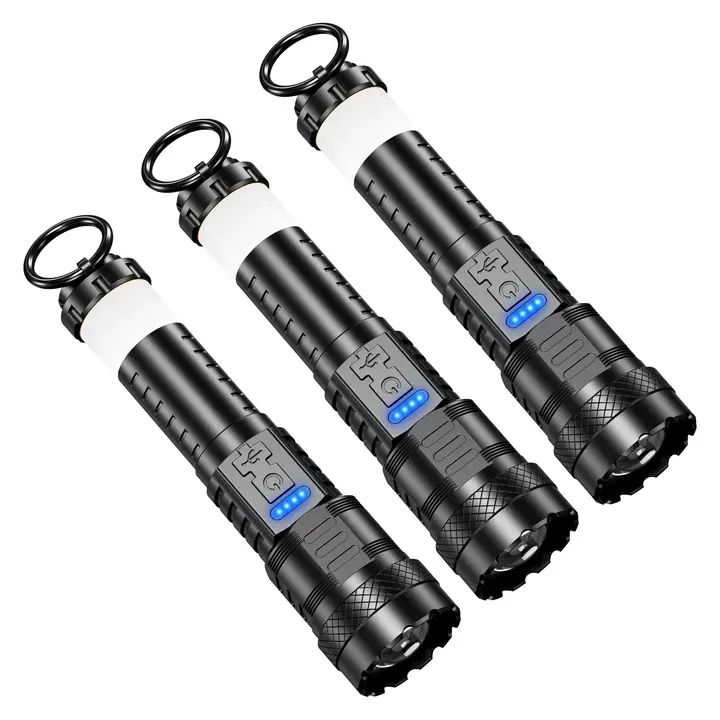 3 PCS Strong Flashlight Set for Family, Rechargeable, Waterproof, Camping Gadgets, Emergency Red&Blue Alarm Lights Household Essentials for Kids, House Warming Gifts New Home, Family Camping Essentials, for Garden, Road, Garage