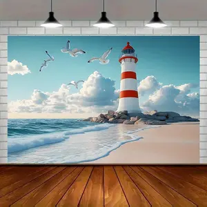 Modern Farmhouse 1pc Coastal Lighthouse & Seagulls Amber Glow Polyester Party Banner - 2D Flat Design for Easy Hanging Beach Scene Wall Decor, Home & Room Decoration, Photo Prop, All-Season Holiday Background, Ornaments