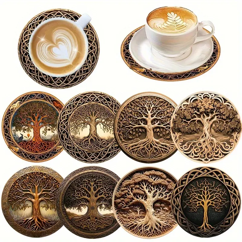 8 Pcs Tree of Life Coaster Set, Retro Carved Wooden Style Aesthetic Decorative Coaster Tableware Dinnerware Drink Mats Coasters for Drinks, Heatproof Cup Pads with Exquisite Pattern, Non-Slip Coasters for Coffee Cups, Tea Cups, Mugs Tabletop Protection
