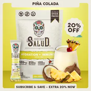 Salud 2-in-1 [Hydration + Immunity - Piña Colada] Electrolytes Powder, Agua Fresca Drink Mix, Elderberry, Dairy & Soy Free, Non-GMO, Gluten Free, Vegan, Low Calorie, 1g Sugar (15 Servings)