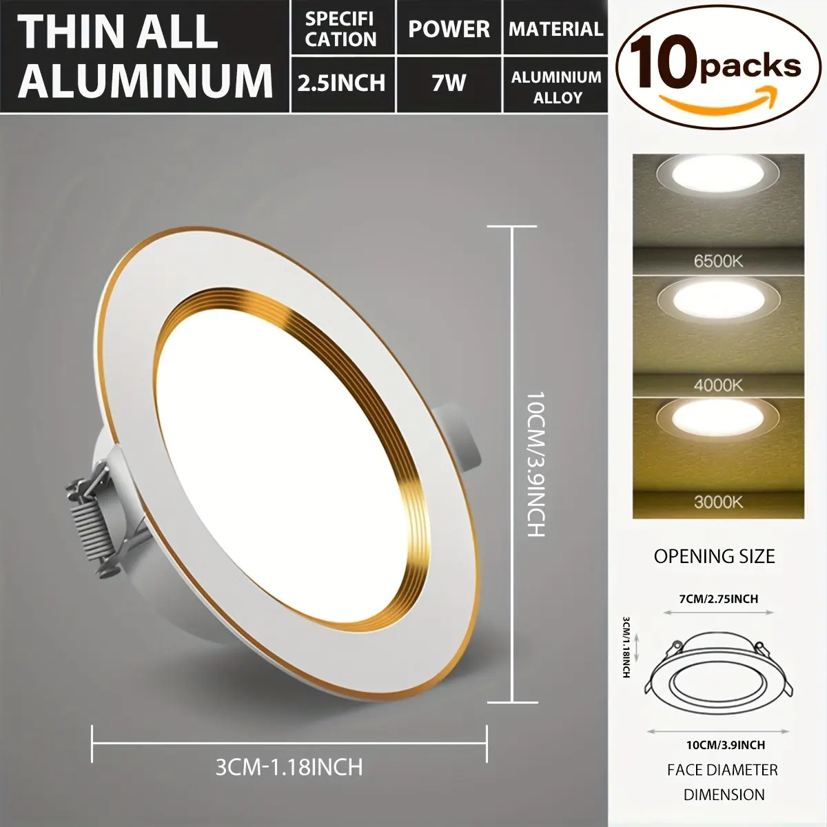 10 pack Keso recessed lighting 4 inch, ultra-thin LED recessed lighting 7W 700lm downlight dimming light3000k/4200K/6000K indoor interior pot soffit lighting