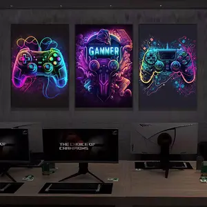3pcs/set Frameless Cool Gaming Wall Art Triple Canvas Painting, Decorative Artwork, Modern Cool Design, Colorful Gamer Controller, Neon Pop Poster and Print, E-sports Room Decor, Modern Home Decoration, Gift, No Lights
