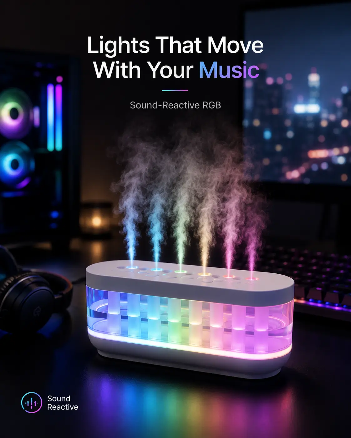WINTORY RGB LED Button-Activated USB Humidifier Machine - 300mL Mini Cool Mist, 3 Modes, 16 Hours Runtime, Sound-Reactive, Stress Relief Room/Man Cave Gadget for Gaming Desks, Apartment Decor,techvibes