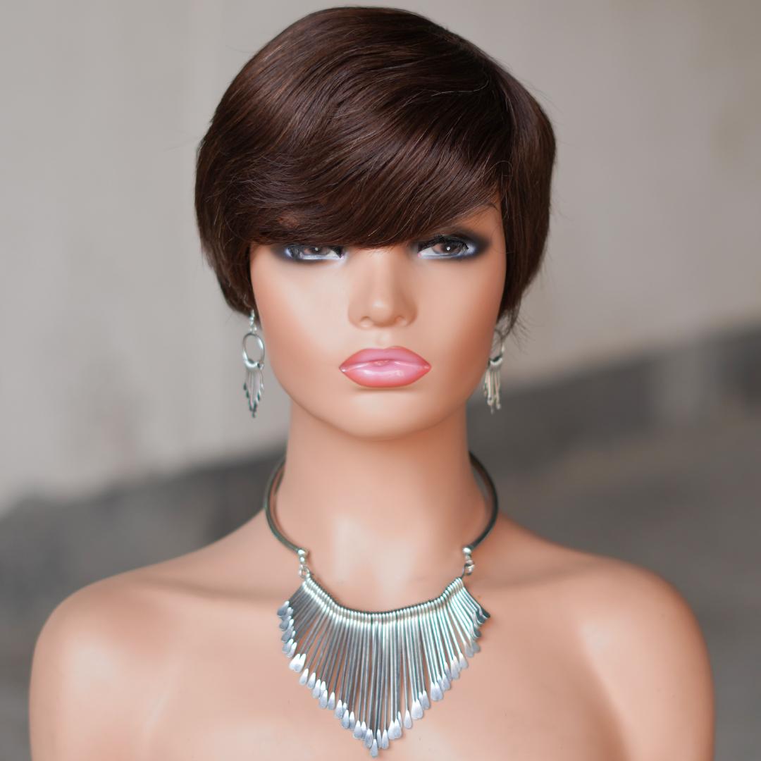 "Glueless Short Pixie Cut Wig With Bangs 180% Density Brazilian Virgin Human Hair P1B/99J 6 Inch Layered Natural Look Full Machine Made Wig Caps For Daily Party & Salon Use "	