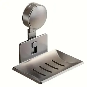 1 Modern Grey Metal Suction Cup Soap Holder - No Drill Bathroom Organizer with Drainage Design, Minimalist Style for Shampoo, Toothbrush and Soap, Easy Installation, Traceless Wall Mount, Bathroom Accessory | Curved Soap Dish | Efficient Drainage Design