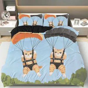 3PCS Duvet Cover Set, 1 Duvet+2 Pillowcases(Without filler), Cat Parachute  Fun Air Adventure theme, No Festival bedding set, Animal Print Cozy Cute Suitable for decoration bedroom living room dorm apartment