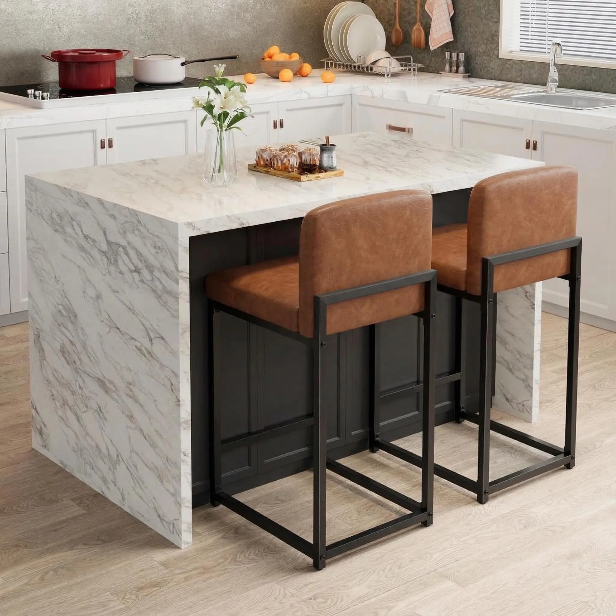 Modern Bar Stools Set of 2, PU Leather Counter Height Barstools with Back, Upholstered Bar Chairs for Kitchen Island & Home Bar, Metal Frame, Brown