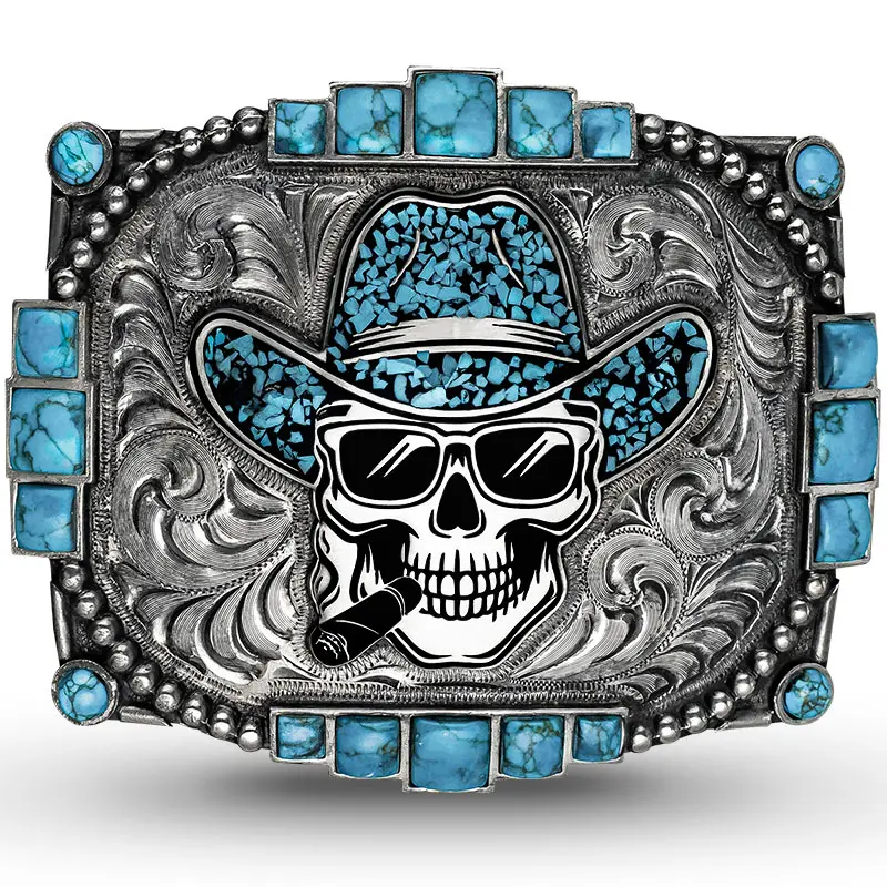 Turquoise Outlaw Belt Buckle - German Silver Western Cowboy Aesthetic Accessory, Engraved Detail, Skull Motif, Turquoise Stones for Daily Wear
