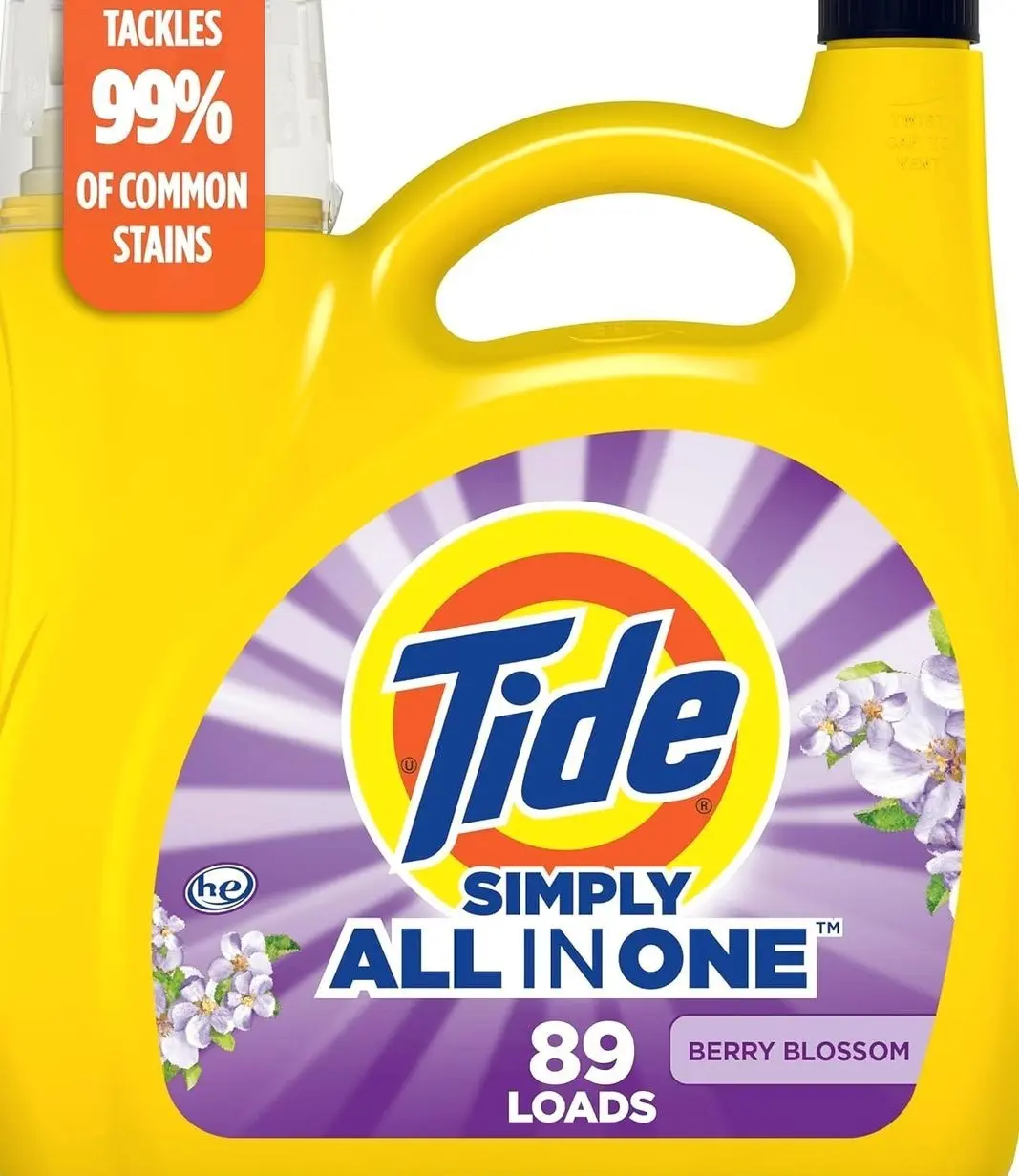 Tide Simply All-In-One Liquid Laundry Detergent, Berry Blossom Scent, 89 Loads, 117 fl oz