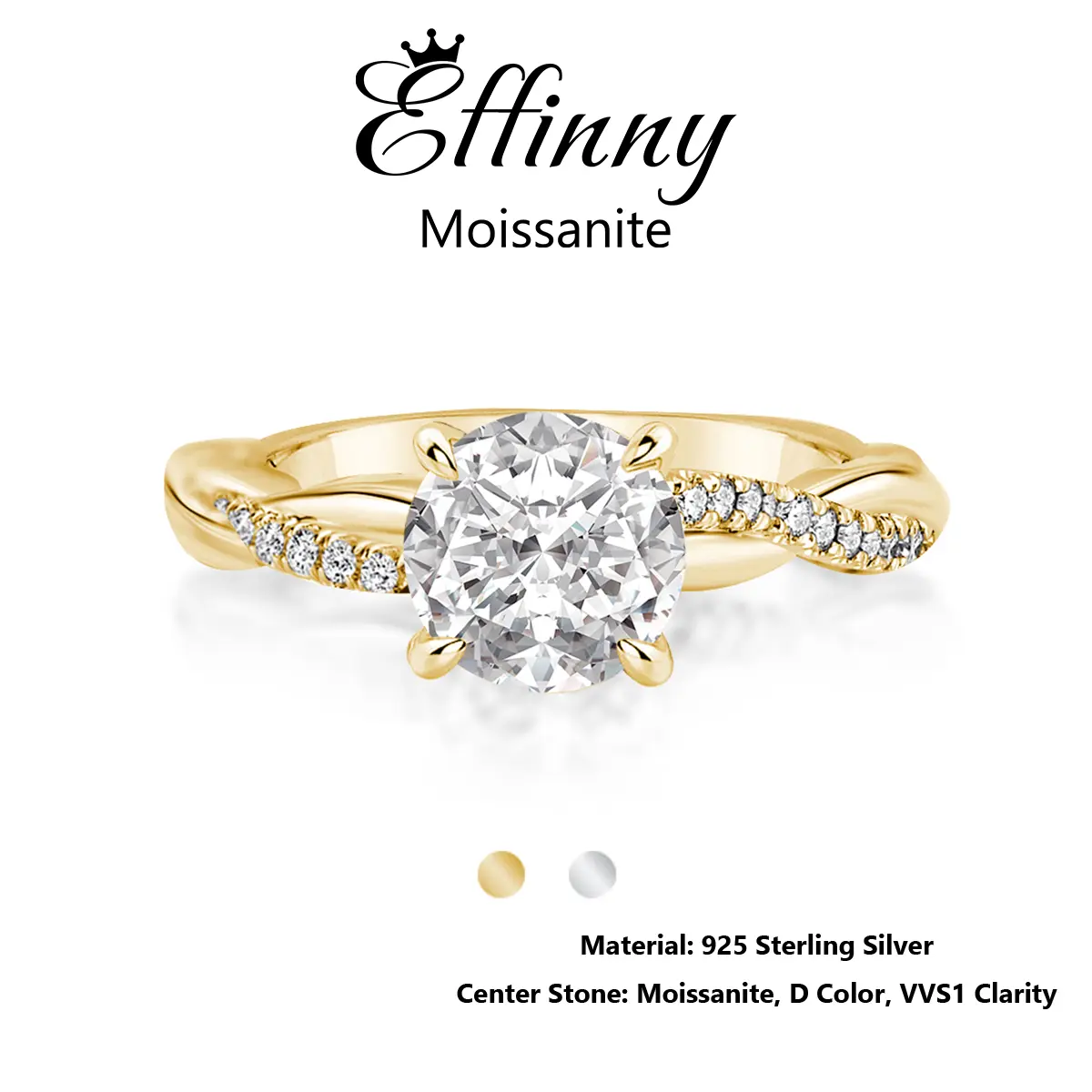 Effinny Synthetic Certificated Moissanite 14K Gold Plated Tarnish-resistant Twisted Excellent Round Cut D Color VVS1 Engagement Ring, 1.2 Carat 925 Sterling Silver Affordable Women's Ring for Daily, Wedding, Party, Female
