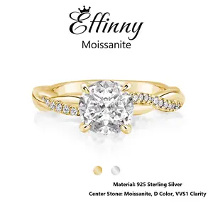 Effinny Synthetic Certificated Moissanite 14K Gold Plated Tarnish-resistant Twisted Excellent Round Cut D Color VVS1 Engagement Ring, 1.2 Carat 925 Sterling Silver Affordable Women's Ring for Daily, Wedding, Party, Female