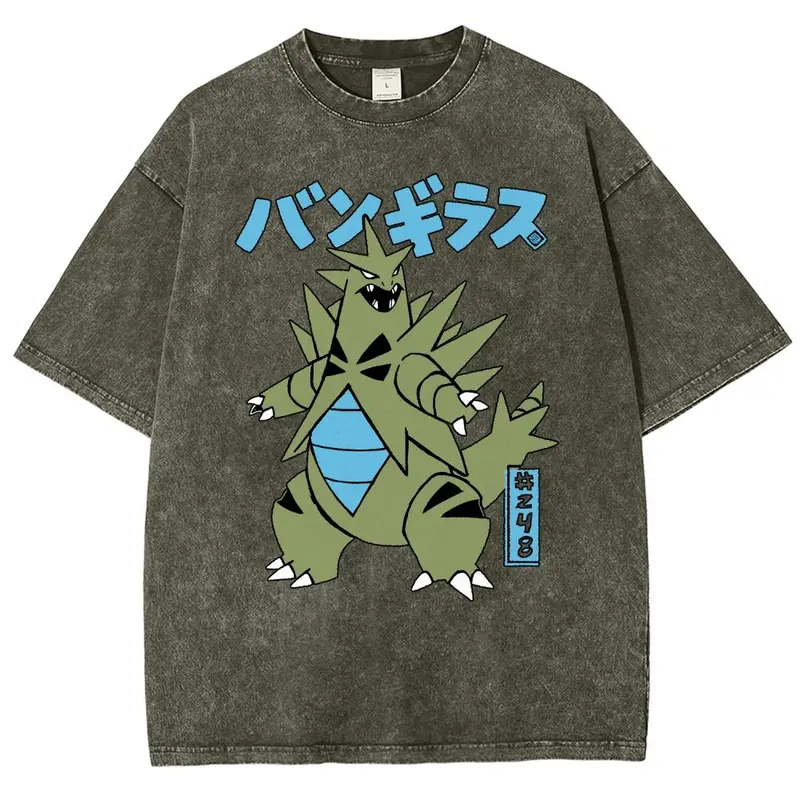 Unisex Cartoon of Rock Monster from Japanese Game Illustrated Book pocket Graphict Washed T-Shirt Personalized Pattern Y2k Clothing Round Neck Washed T-Shirt,Women's Clothing 100% Cotton, Menswear, Top, Vintage Style,Summer Casual Oversized