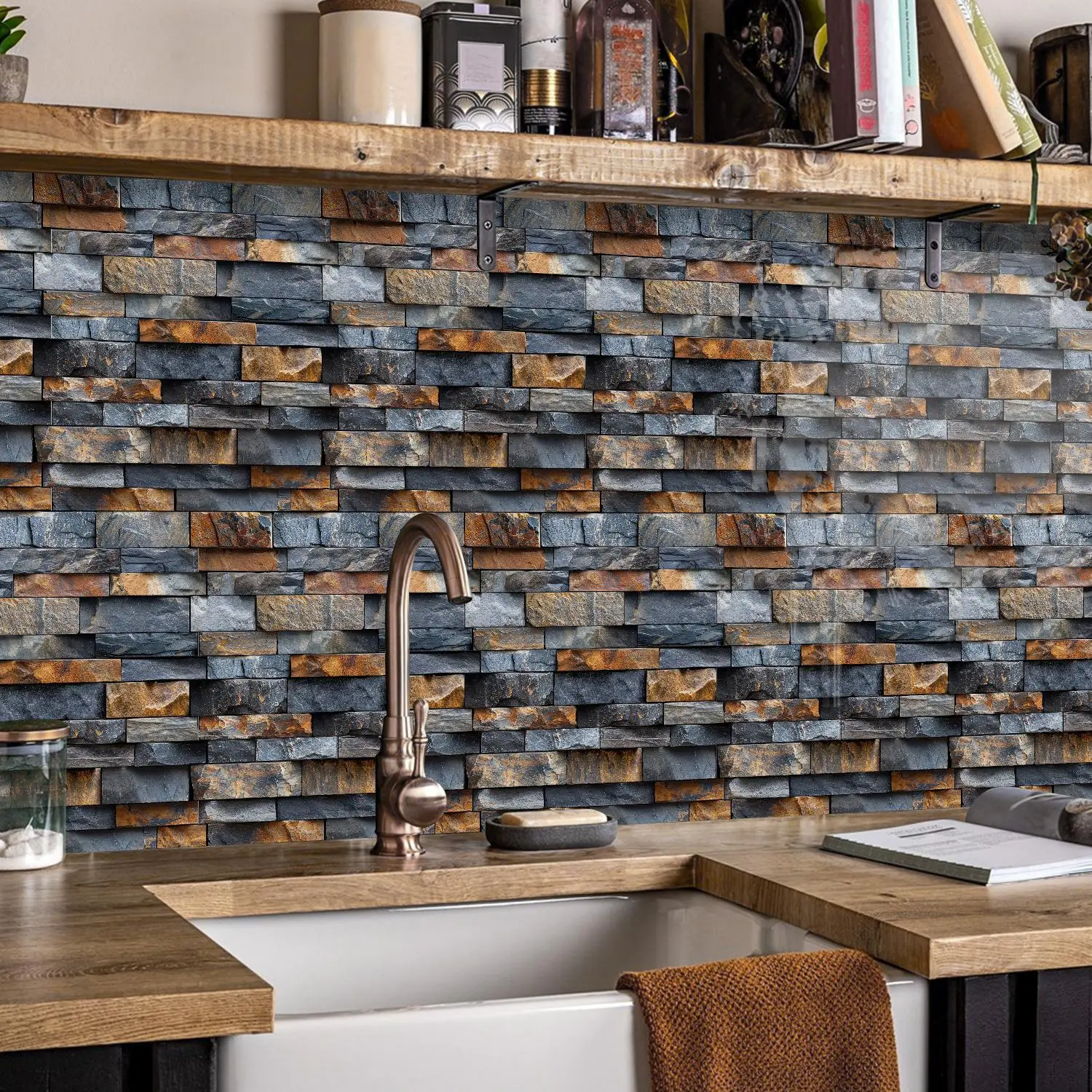 Stone Pattern Wall Sticker, Decorative Wall Sticker, 12pcs/set Self-adhesive Wall Tile Sticker, Waterproof & Oil-proof Wall Decal Home Decor for Kitchen & Bathroom Backsplash