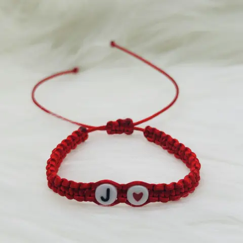 Women's Personalized Adjustable Red Fabric Cord Cubic Zirconia Beads Fashionable Stack Bracelets Set - Interlocking Hearts, Initial Beads, Adult Casual Jewelry, Gifts for Girlfriend, Matching Couple Gift Daily Wear Bangles