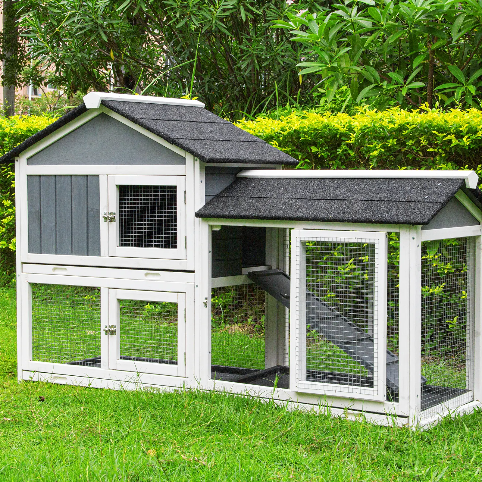Large Multi-Level Wooden Rabbit Hutch with Run - Single Unit Waterproof All-Seasons Indoor-Outdoor Bunny Cage, Removable Tray for Easy Cleaning, Pet Habitat for Rabbits, Small Animals (Fits Bird Cages & Pens Needs)