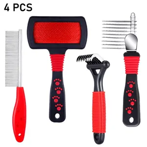 4 Pack Pet Grooming Kit with Dematting Combs Slicker Brush & Steel Comb for Poodles Dogs Cats Removing Knots and Hair