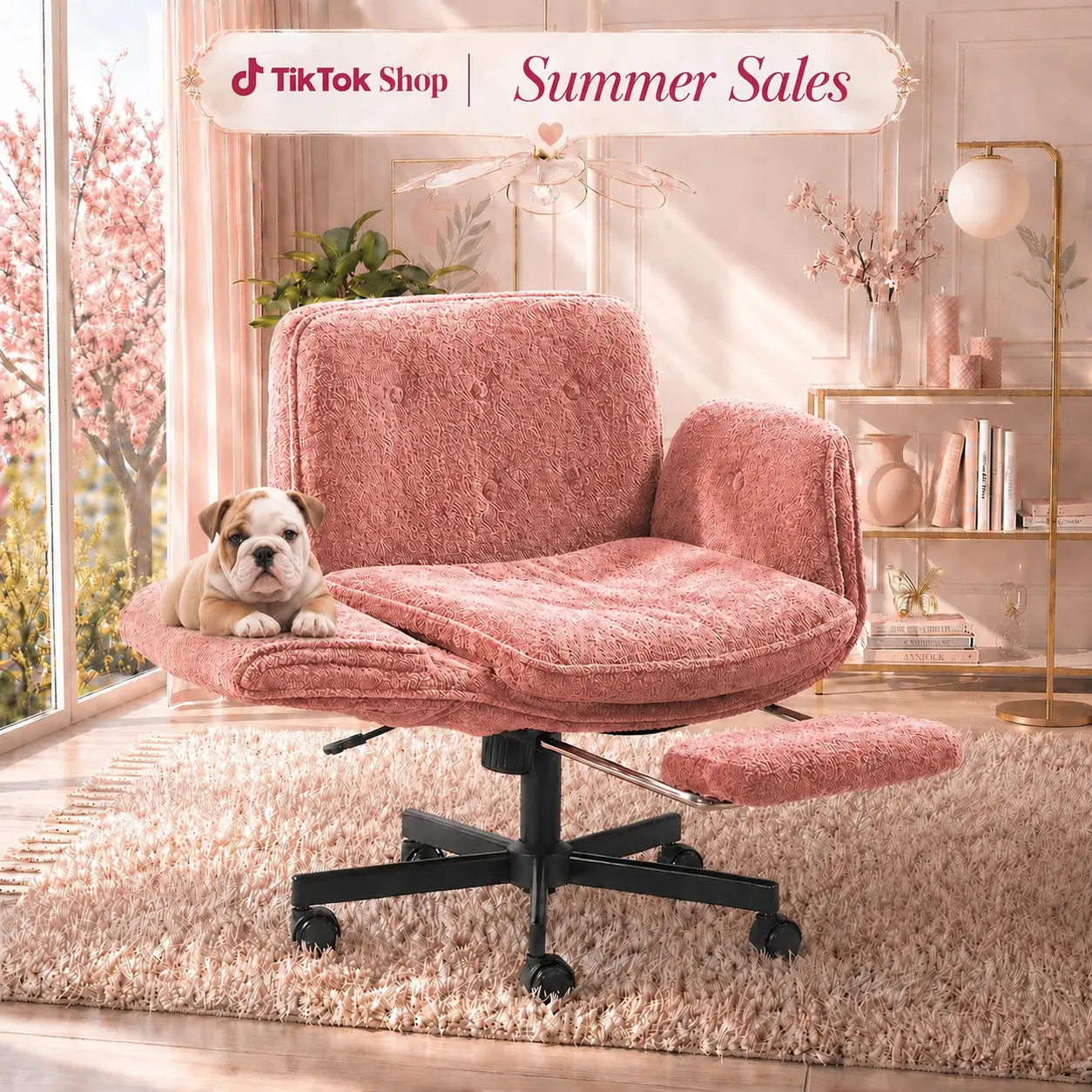 Extra Wide Seat Criss Cross Chair with Wheels – Chenille Cross Legged Office Chair Pet Chair, 5-Level Folding Armrests Chair, Adjustable Swivel Vanity Oversized Chair for Home & Bedroom work love summerwins Father's Day Gift,dorm essentials,home decor