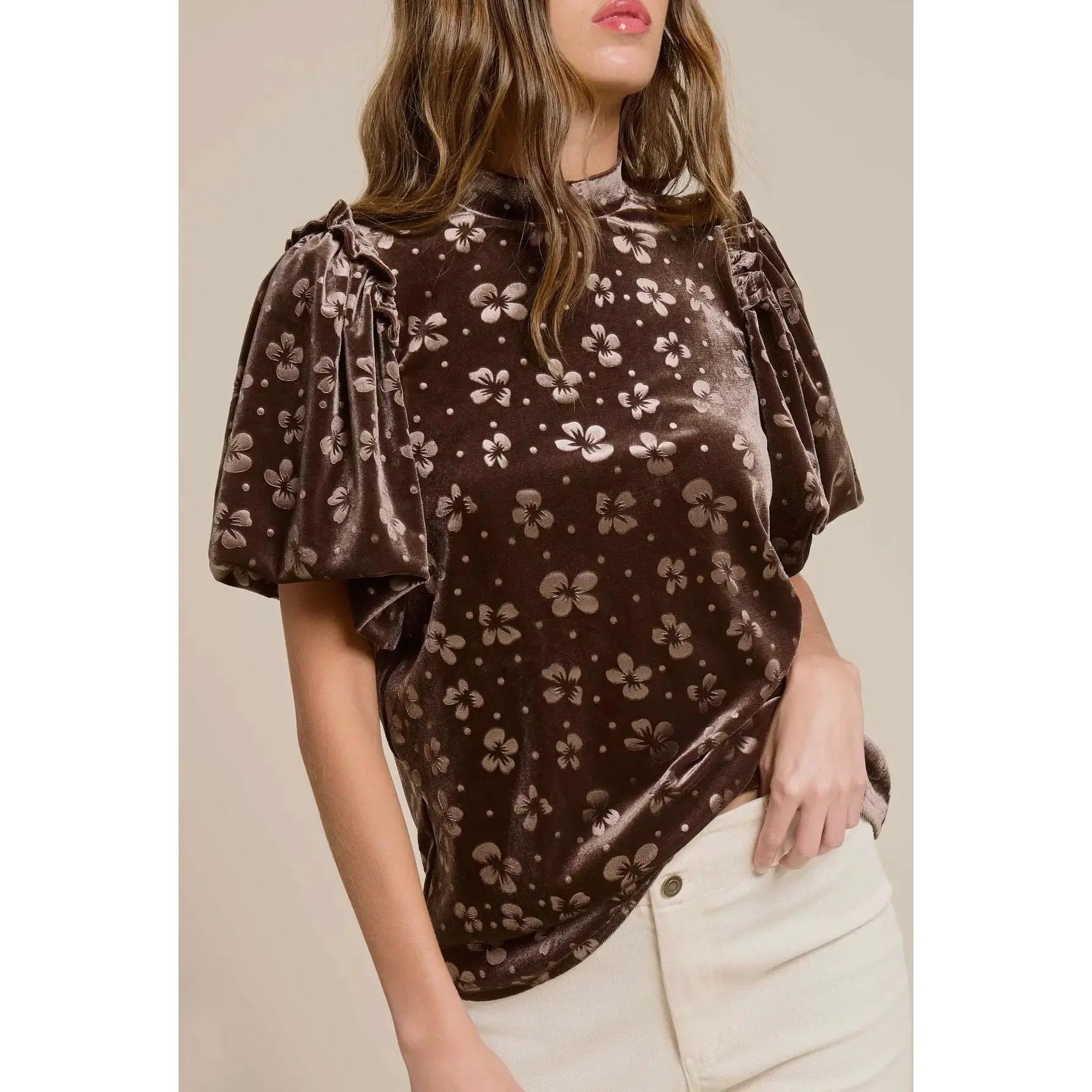 Floral Ruffle Twirl Puff Short Sleeve Velvet Top