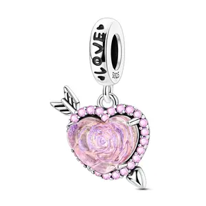 MULA 925 Silver-plated arrow-shaped rosette charm with resin and pink cubic zirconia - for Pandora bracelets and necklaces, gifts for women and girls