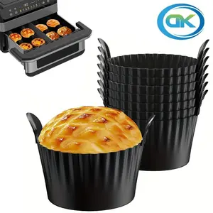 Reusable Silicone Baking Cups Set of 8, Nonstick Muffin Cupcakes Mold with Double Handle, Mini Round Air Fryer Cupcake Liners, Black