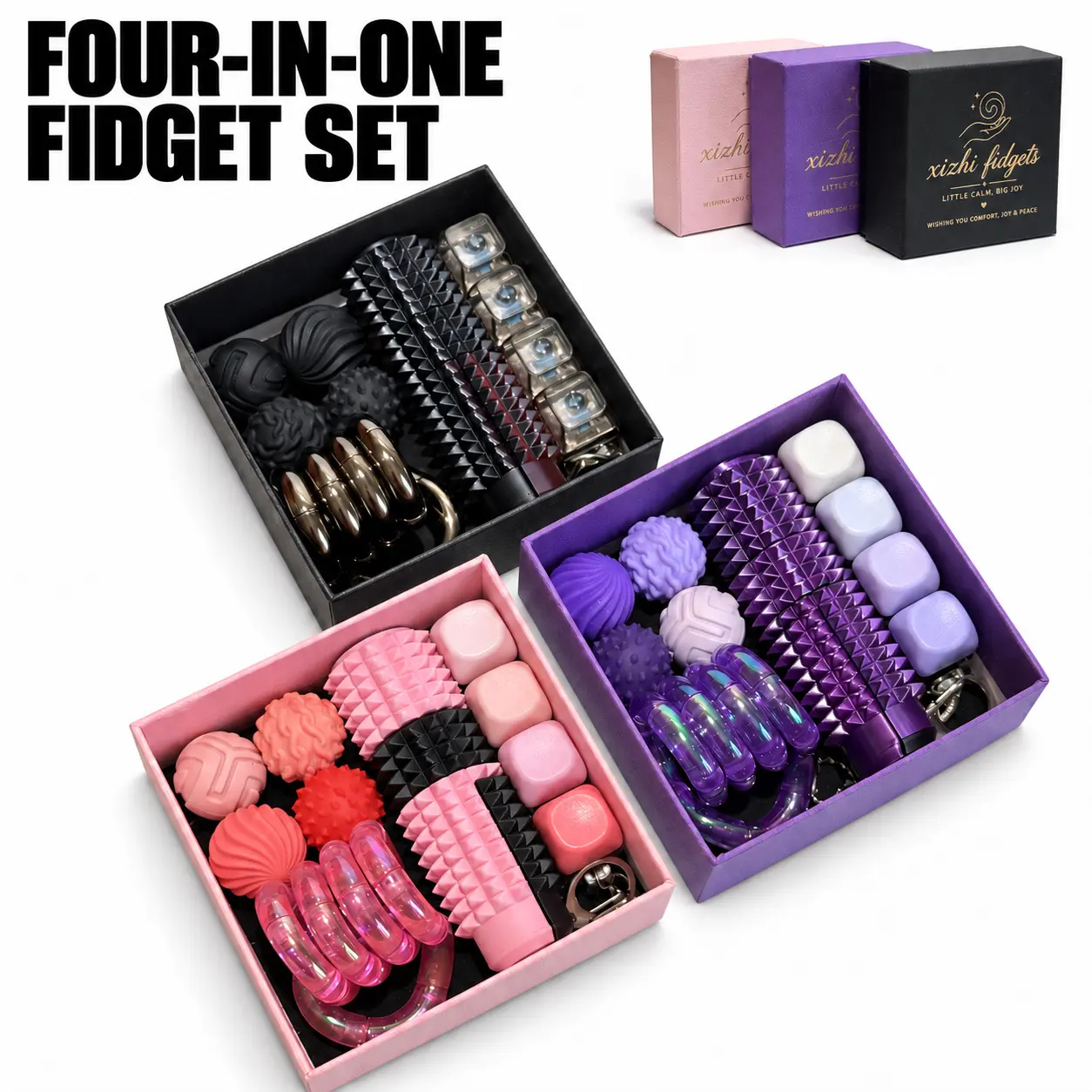 4-in-1 Fidget Toy Set, ADHD Relief, Magnetic Balls, Keyboard Keychain, 3D Printed Spiky Grippie Stim & Twister Fidget Toy, Sensory Gift Box,stress-relieving toy mechanical keyboard