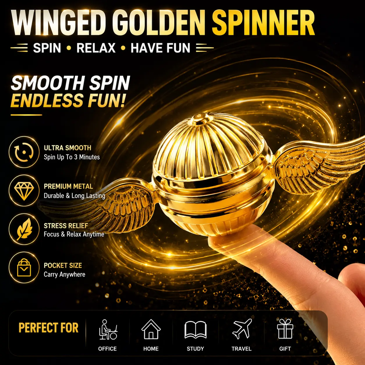 Golden Winged Fidget Spinner Toy with Portable Storage Case, Smooth Spinning Metal Desk Toy, Stress Relief Gift for Teens, Adults, Office & Travel