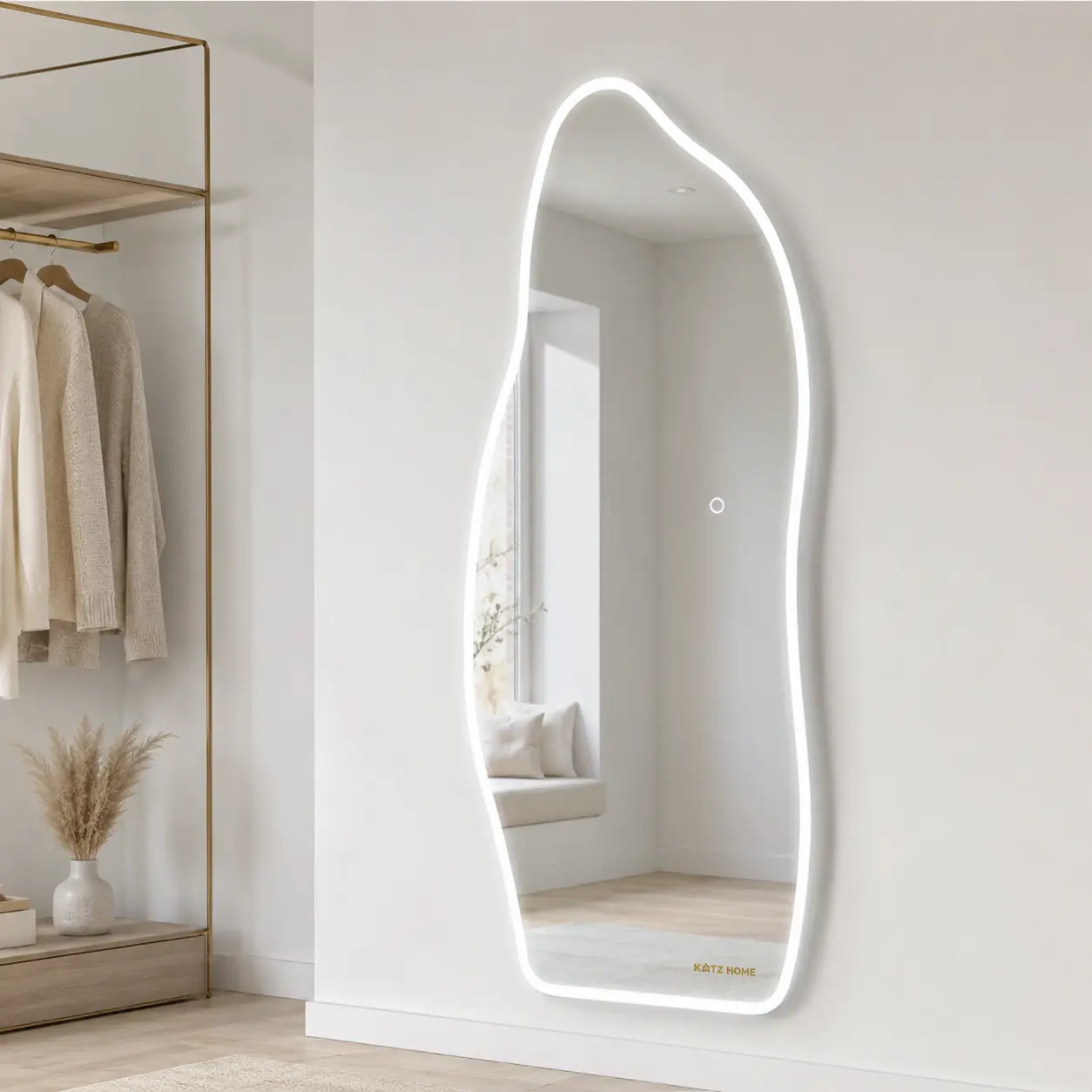 Irregular Shape Tempered Glass LED Full Length Mirror, Lighted Full Body Dressing Mirror with 3 Color Lighting and Touch Control for Bedroom Closet Entryway